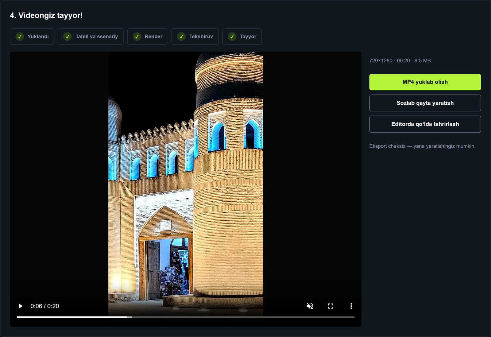 Tayyor video ekrani: render bosqichlari, video va MP4 yuklab olish tugmasi